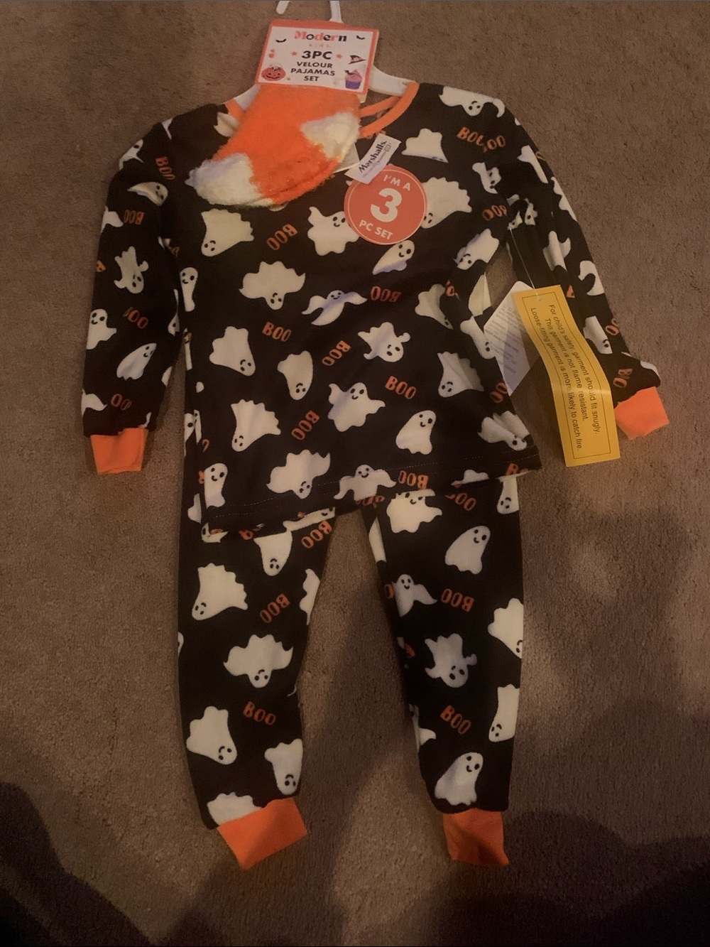 Ghost Print Black and Orange Kids Pajama Set - 3PC